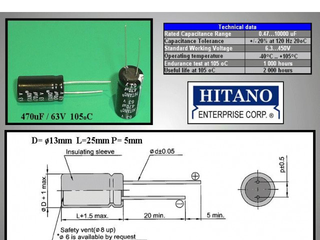 Condensateur 470uF 63V ELC470UF63P-105-H